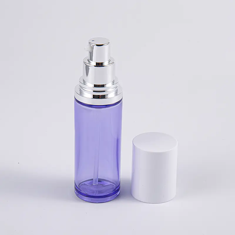 Kulatá lahvička na sérum Fialová barva 100 ml s hliníkovou pumpičkou